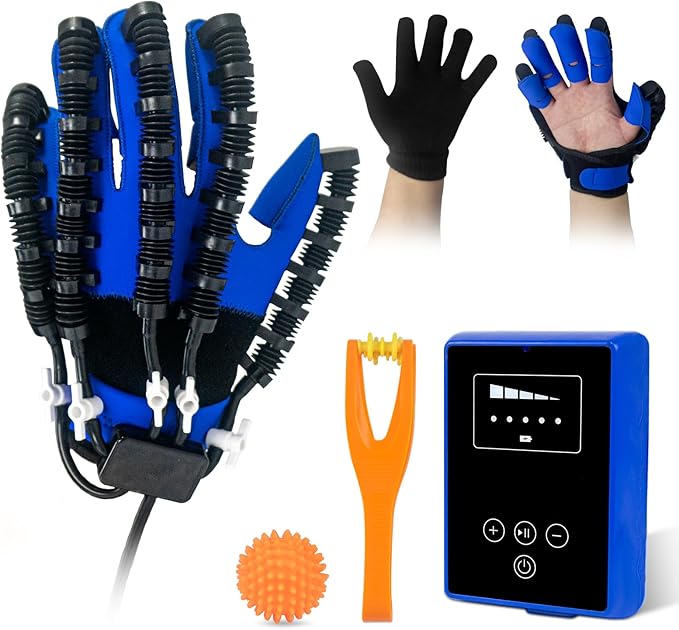 Rehabilitation Robot Gloves, Finger Exerciser for Stroke Recovery Hand Glove Equipment Hand Function Rehabilitation, Adjustable Strength and Supports USB Charging (blue, L - Left Hand)