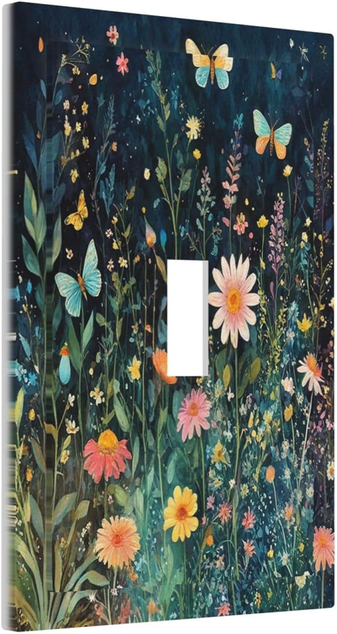 Decorative Light Switch Cover Boho Vintage Floral Flower Butterfly 1 Gang Single Toggle Device Electrical Faceplate Switchplates Decorator Outlet Wall Plate for Bedroom Home Decor