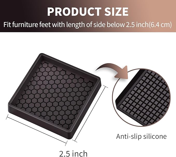 Ezprotekt Non Slip Furniture Pads, 12 Pcs 2.5" Anti Skid Rubber Furniture Caster Cups, Anti-Slip Furniture Coasters for Hardwood Floors, Anti Slide Floor Protectors for Bed Couch Stoppers (Brown)