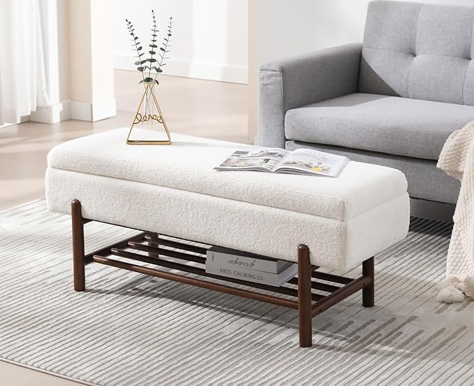 EALSON Modern Storage Ottoman Bench Sherpa Upholstered End of Bench with Seating and Wood Shoe Rack Long Entryway Bench for Bedroom/Living Room/Foyer, White