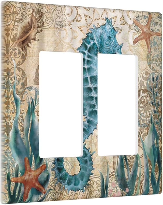 Vintage Blue Seahorse Seaweed Starfish Ocean Nautical Theme Double Rocker/Decora Outlet Cover 2 Gang Light Switch Cover Decorative Gfci Wall Plate Electrical Switchplate for Farmhouse Home