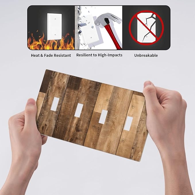 Rustic Brown Wood Splicing Vintage Dark Oak Print Light Switch Covers Quad Toggle Electrical Faceplate 4 Gang Wall Plate Decorative Switch Plates Cover for Farmhouse Home Decor