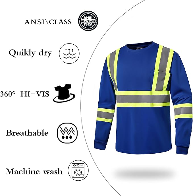 Hi Vis Safety Long Sleeve Shirts，High Visibility Class 3 T Shirts with Reflective Strips and Pocket, Quick Dry Mesh Construction Work Shirt for Men/Women (Blue,L)