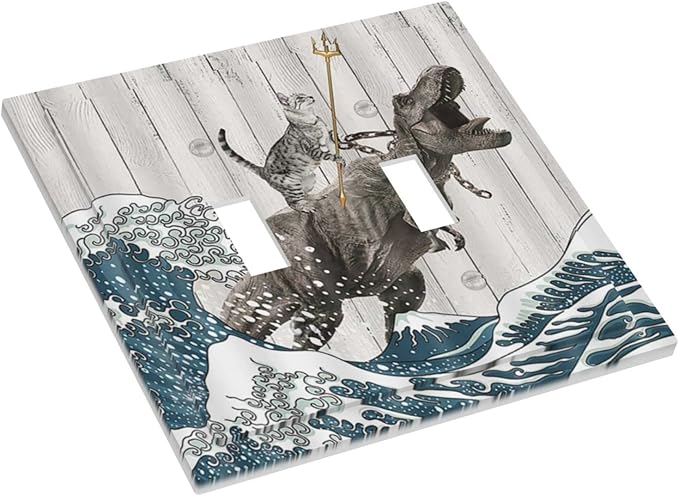 Funny Cat Cool Cat Dinosaur Japanese Sea Waves Wood Double Toggle Light Switch Covers Decorative 2 Gang Wall Plate Covers Dual Device Electrical Switchplate Faceplate for Farm Bathroom Decor
