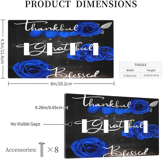 Light Switch Cover Blue Rose Thankful Grateful Blessed 4 Gang Switch Plate Quad Toggle Wall Plates Romantic Blue Floral Decorative Switchplate Electrical Outlet Cover Plates for Home Decor