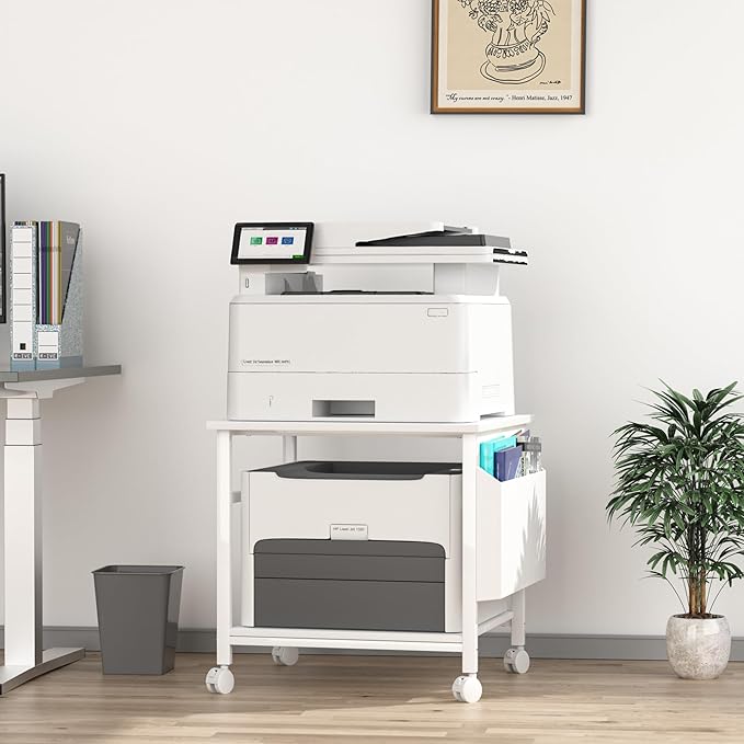 Large Printer Stand, 23.6 x 23.6 Inches Square Printer Stand with Storage Shelf, 2 Tier Printer Table for Home Office, Rolling Printer Cart with Lockable Wheels, Mobile Mini Fridge Stand Table, White