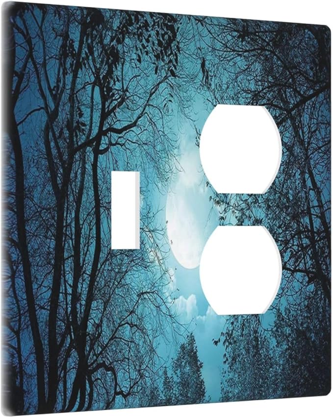 Decorative Light Switch Cover Plate Teal Full Moon Forest Turquoise 2 Gang Outlet Covers 1 Toggle 1 Duplex Wall Plate Decorate Electrical Switch Plate Covers for Bathroom Bedroom Decor