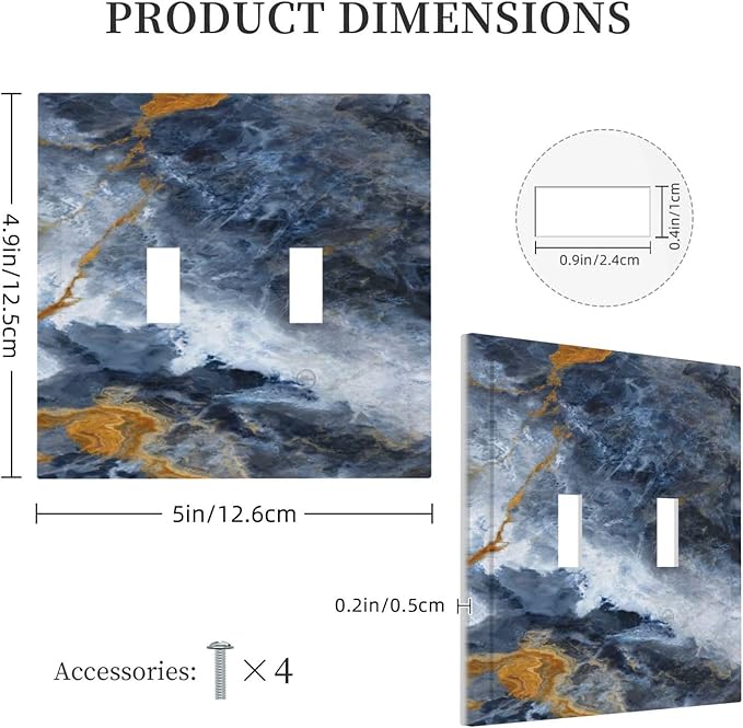 Decorative Light Switch Cover Plate Gold Dark Blue Gilt Haze Marble 2 Gang Switch Plate Covers Double Toggle Wall Plate Dual Device Faceplate for Bathroom Decor