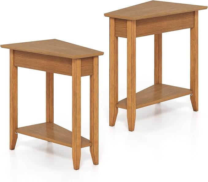Giantex Wedge End Table, Triangle Side Table with Storage Shelf and Solid Wood Legs, 24.5" Tall Nightstand, Modern Narrow Accent Recliner Table for Small Space Living Room, Walnut