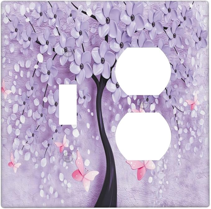 Decorative Light Switch Cover Plate 3d Purple Tree 2 Gang Outlet Covers 1 Toggle 1 Duplex Wall Plate Decorate Electrical Switch Plate Covers for Bedroom Bathroom Decor