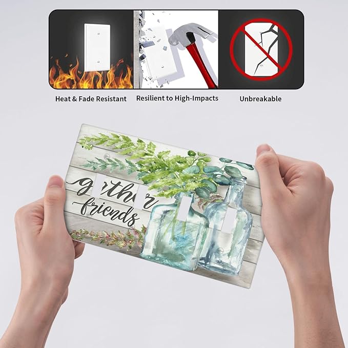 Light Switch Cover Watercolor Modern Flower 4 Gang Switch Plate Quad Toggle Wall Plates Floral Plant Wood Decorative Switchplate Electrical Outlet Cover Plates for Farmhouse Bathroom Decor