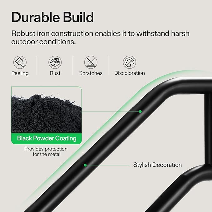 VIVOSUN Outdoor Handrail, 3 Step Stair Handrail, 27.5" x 18.5" Fits 1 to 3 Steps, U-Shaped Wrought Iron Stair Railing, Wall-Mounted Safety Rail for Concrete Step, Porch Steps, One-step Assembly, Black