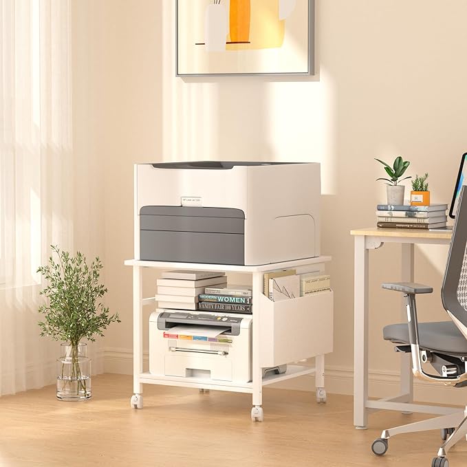 Large Printer Stand, 23.6 x 23.6 Inches Square Printer Stand with Storage Shelf, 2 Tier Printer Table for Home Office, Rolling Printer Cart with Lockable Wheels, Mobile Mini Fridge Stand Table, White