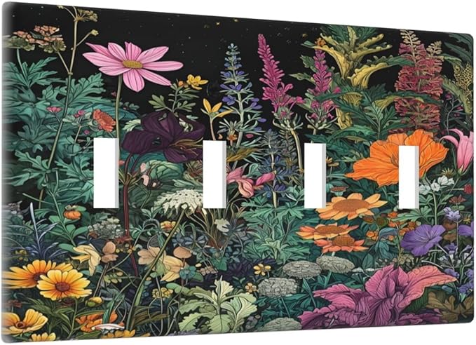 Decorative Switch Plate Covers Colorful Floral Dark Sky Wildflower Plants 4 Gang Light Switch Cover Plate Quad Toggle Wall Plate Light Switch Covers for Bathroom Decor