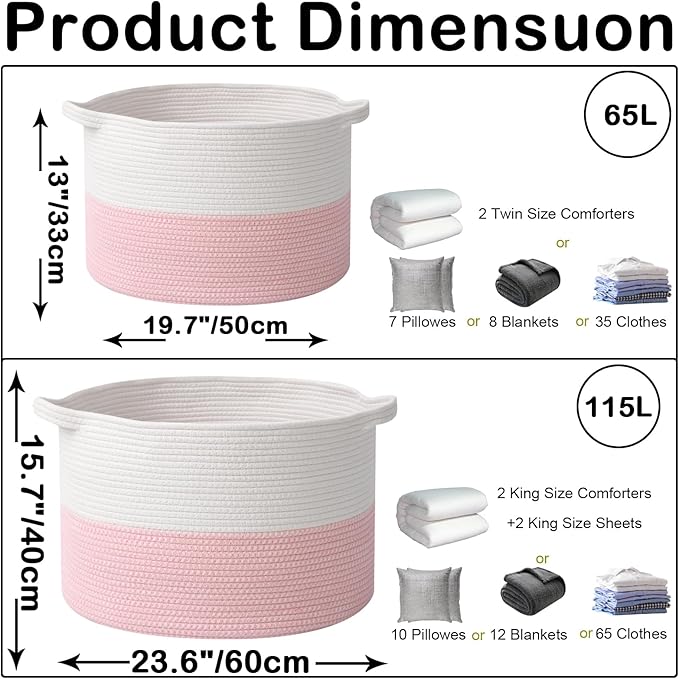 Large Storage Basket with Handle,19.7" L x 19.7" W x 13" H Blanket Basket Storage Bins for Organizing,65L Cotton Rope Woven Baskets for Living Room, Nursery ,Bedroom,White&Pink
