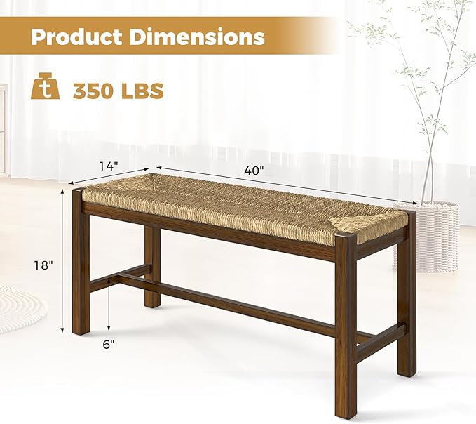 GOFLAME 40” Dining Bench Set of 2, Farmhouse Boho Entryway Bench with Woven Seagrass Seat, End of Bed Bench with Rubber Wood Frame, Accent Indoor Bench for Bedroom, Dining Room, Living Room, Hallway