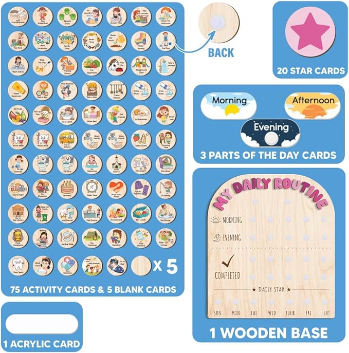 Wooden Chore Chart for Kids, Wooden Daily Routine Chart for Kids, Visual Schedule for Kids, Chore Reward Chart, Bedtime Morning Routine Chart for Toddlers