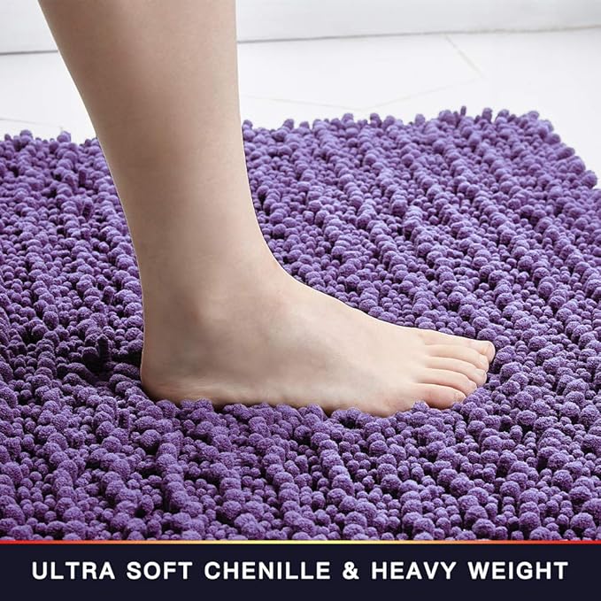 Walensee Bathroom Rug 2 Pieces Set Non Slip Bath Mat (20"x32" Plus 20"x32" Lavender) Water Absorbent Super Soft Shaggy Chenille Machine Washable Dry Extra Thick Perfect Carpet for Shower Floor