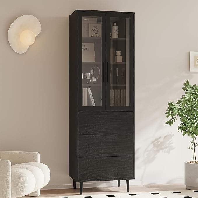 TUSY 70.9“ H Bookshelf with Glass Doors, 5-Tier Display Curio Cabinet with Drawers, Narrow Display Bookcase for Home, Office, Clinic, Pantry (Black, B)