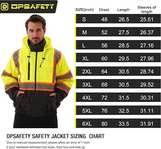 Hi Vis Safety jacket for men,Reflective high Visibility Hooded jacket,Work Bomber Jacket with Pockets and Zipper,Waterproof,ANSI Class 3 Black Bottom Yellow,3XL