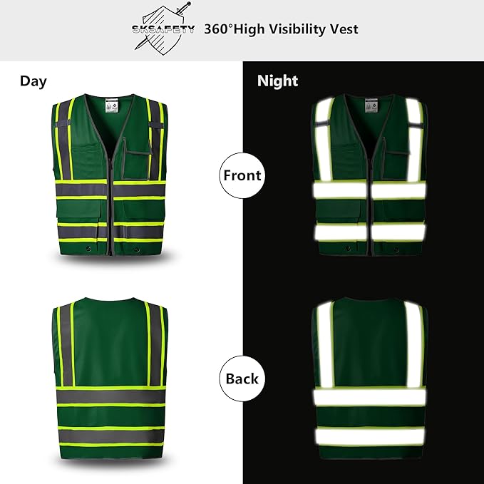 SKSAFETY 10 Pockets Safety Vest, Class 2 High Visibility Security with Zipper, Hi Vis Vest with Reflective Strips, ANSI/ISEA Standard, Construction Work Vest for Men ＆ Women （Green,3XL）