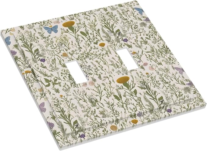 Floral Vintage Garden Plants Herbs Flowers Botanical Double Toggle Light Switch Covers Decorative Mustard Green 2 Gang Wall Plate Dual Device Electrical Switchplate Dimmer Faceplate Decor