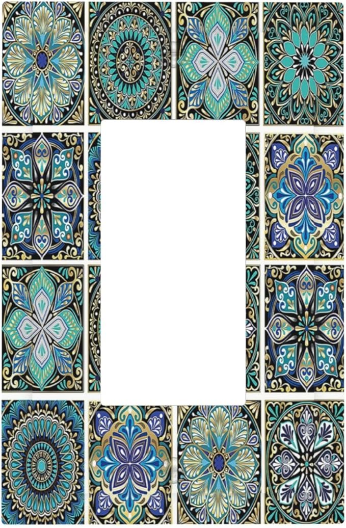 Decorative Outlet Covers Mandala Decorative Rustic Vintage Turquoise Pattern 1 Gang Single Rocker Light Switch Cover Plate Wall Plates GFCI Faceplate for Bedroom Bathroom Decor