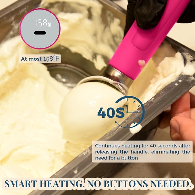 Heated Ice Cream Scoop Rechargeable, Electric Warming Ice Cream Scooper with LED Display, Heats to 158°F for Hard Ice Cream, Easy for Seniors & Kids, IP67 Waterproof (Hot Pink, 2oz)