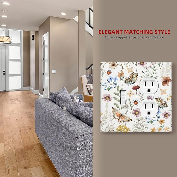 Boho Multicolor Flower Butterfly Insect Floral Wallplates 1 Toggle 1 Duplex Switch Plate Electrical GFCI Faceplate Decorative Light Switch Covers for Bedroom Living Room Decor
