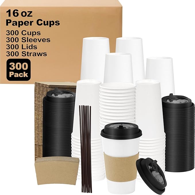 16 oz 300 Pack Coffee Cups with Lids and Sleeves, Straws, Hot Disposable To Go Travel Paper Cups Bulk for Office, Home Coffee Bar Accessories, Chocolate, Cocoa, Beverage (White)