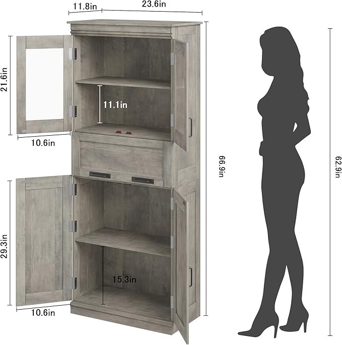 GarveeHome 67" Tall Bathroom Cabinet with 4 Doors & Flip Glass Drawer, Storage Cabinet with Adjustable Shelves, Freestanding Organizer for Kitchen, Living Room (Oak)