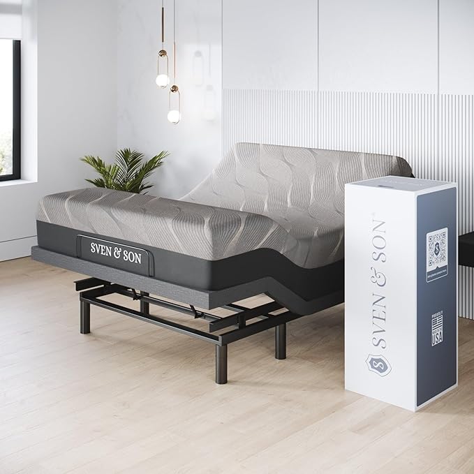 Sven & Son Harmony Adjustable Bed Base, Head and Foot Lift, Massage, Under-Bed Lights, USB, Gel Memory, Zero Gravity Smart Frame - Queen + 14 inch Hybrid Spring Matt (Medium Soft)
