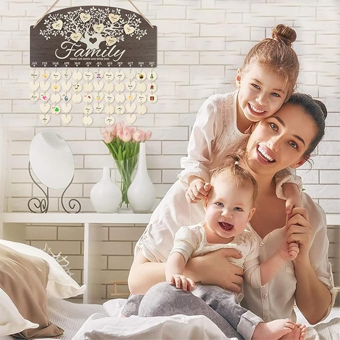 CHDITB Personalized Family Tree Birthday Reminder Board(16"x8"), Wooden Family Birthday Tracker Wall Hanging with 100 Tags, DIY Birthday Gifts for Mother Grandma Friends Family