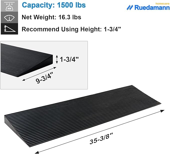 Ruedamann 1.8" Rise Threshold Ramp for Doorways, Sturdy Rubber Threshold Ramp, Non-Slip Power Door Ramps for Wheelchairs is Adjustable and Cuttable for Doorways,Curb, Scooters, Driveways