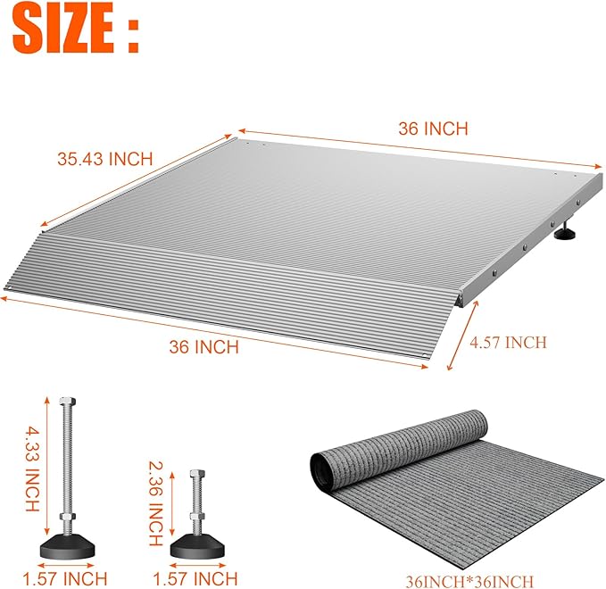 Aluminum Adjustable Threshold Ramp for Wheelchairs, 36" x 36" Doorway Ramp with 3.4"–7.2" Rise, Self-Supporting Entry Ramp for Uneven Surfaces, 880 lb Capacity with Non-Slip Mat