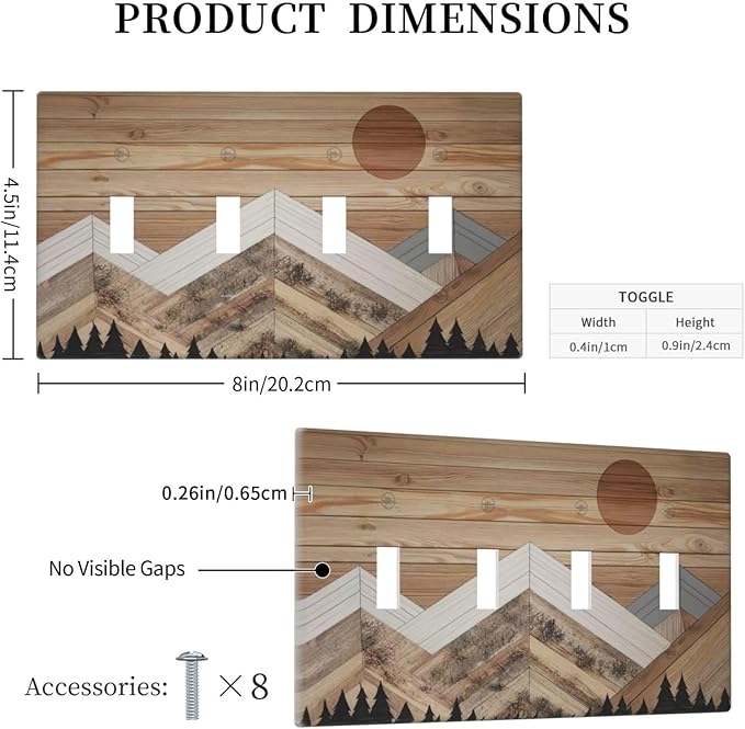 Wooden Planks Mosaic Snow Mountain Sun Light Switch Covers Quad Toggle Electrical Faceplate 4 Gang Wall Plate Decorative Switch Plates for Farmhouse Home Decor