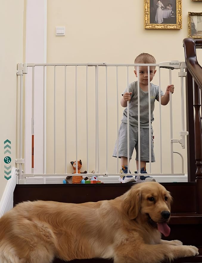 Babelio Easy to Remove & No Bottom Bar Baby Gate, 29-43" Hardware Mounted (Drill Needed)| Wide Walk-Thru| Auto-Close Safety Dog/Pet Gate for Stairs & Doorways (White, 29-43" W, 30" H)
