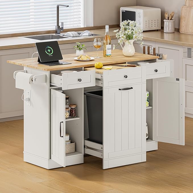 ONBRILL 61" Kitchen Islands with Movable Wood Cutting Board & Trash Storage Cabinets, Rolling Island Cart with Drop Leaf & Power Outlet, Dining Table with Spice & Towel Rack & Knife Holder, White