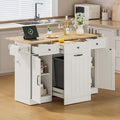 ONBRILL 61" Kitchen Islands with Movable Wood Cutting Board & Trash Storage Cabinets, Rolling Island Cart with Drop Leaf & Power Outlet, Dining Table with Spice & Towel Rack & Knife Holder, White