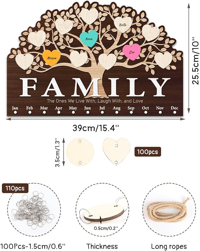 KAlRNE Family Tree Birthday Reminder Board,Family Sign Wooden Plaques,Decorative Birthday Tracker Sign,Anniversary Reminder Board,DIY Calendar Gift for Nana Friend Mother Grandma Lover