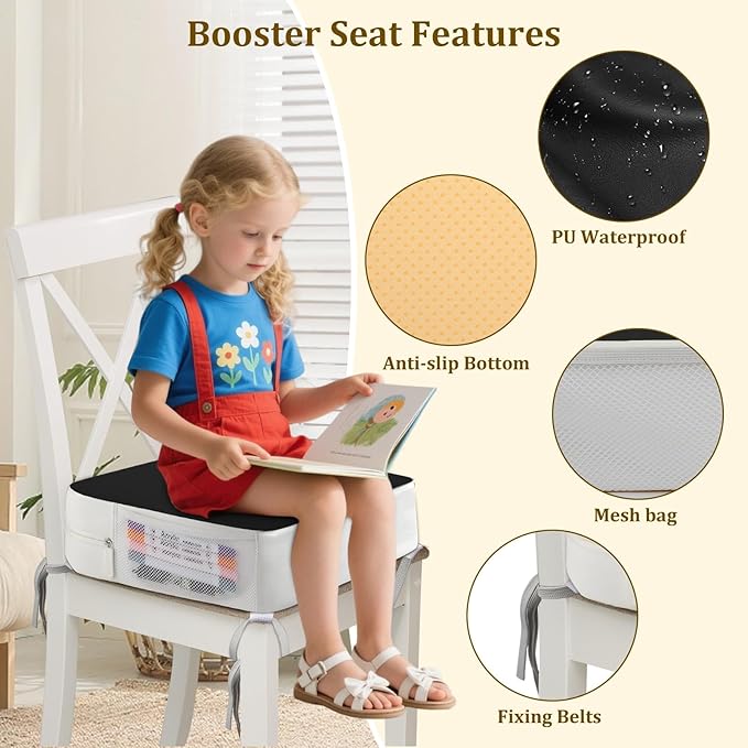Booster Seat for Kitchen Chair - 4-Point Anchor 3.8" Lift Toddler Booster Seat for Dining Table with Side Pockets, Non-Slip & Portable Dining Cushion for Kids (Black)