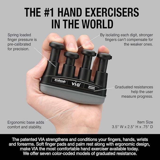 Prohands VIA Hand Exerciser, Finger Exerciser (Hand Grip Strengthener), Spring-Loaded, Finger-Piston System, Isolate and Exercise Each Finger