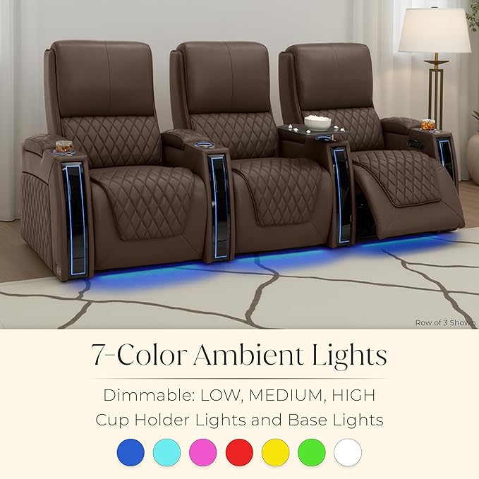 Seatcraft Apex Zero-Gravity CoolZero Italian Leather Home Theater Seating, Powered Headrest, Powered Lumbar, Powered Recline, Row of 4 Right Loveseat, Brown