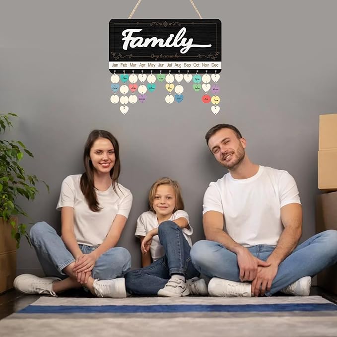 KAlRNE 3D Family Birthday Reminder Board,Family Celebration Calender,Rustic Farmhouse Wooden Calendar Hanging Plaques,DIY Birthday Tracker Wall Art with 100 Tags,Gift for Mom Grandma Home Decoration