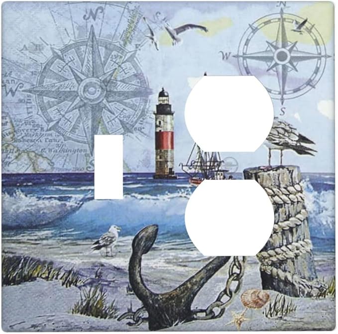 Decorative Light Switch Cover Plate Sea Ocean Sand Coast Compass Ship Lighthouse Anchor 2 Gang Outlet Covers 1 Toggle 1 Duplex Wall Plate Decorate Electrical Switch Plate Covers for Bathroom Bedroom