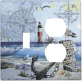 Decorative Light Switch Cover Plate Sea Ocean Sand Coast Compass Ship Lighthouse Anchor 2 Gang Outlet Covers 1 Toggle 1 Duplex Wall Plate Decorate Electrical Switch Plate Covers for Bathroom Bedroom
