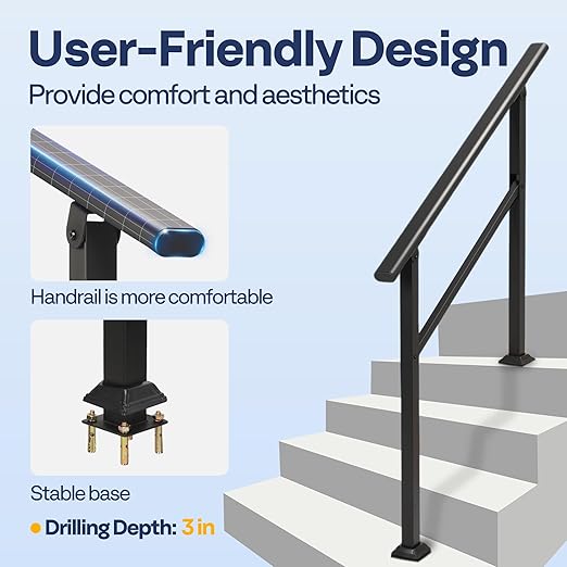 VIVOHOME 2-Pack 4 Step Hand Rails for Outdoor Steps, Galvanized Steel Railing, Black Oval Exterior Hand Railing for Porch, Deck, or Indoor Stairs, Railing Kit