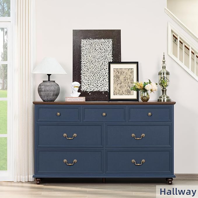 Farmhouse 54" 7 Drawers Dresser for Bedroom, Wide Chest of Drawers w/ 4 Wooden Legs, Vintage Rustic Large Closet Storage Dressers Organizer for Hallway, Wood TV Stand for Living Room, Blue