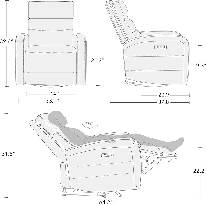 Watson & Whitely Swivel Power Recliner with Adjustable Headrest, Recliner Chairs for Adults, Small Glider Rocker for Living Room, Fabric in Dove Grey