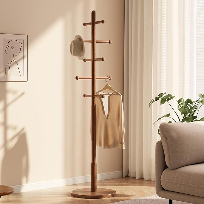 Solid Wood Coat Rack Freestanding with 10 Hooks, Coat tree freestanding 3 Adjustable Heights for coat, Hats, Handbags, Coat Stand for Entryway,Bedroom,office
